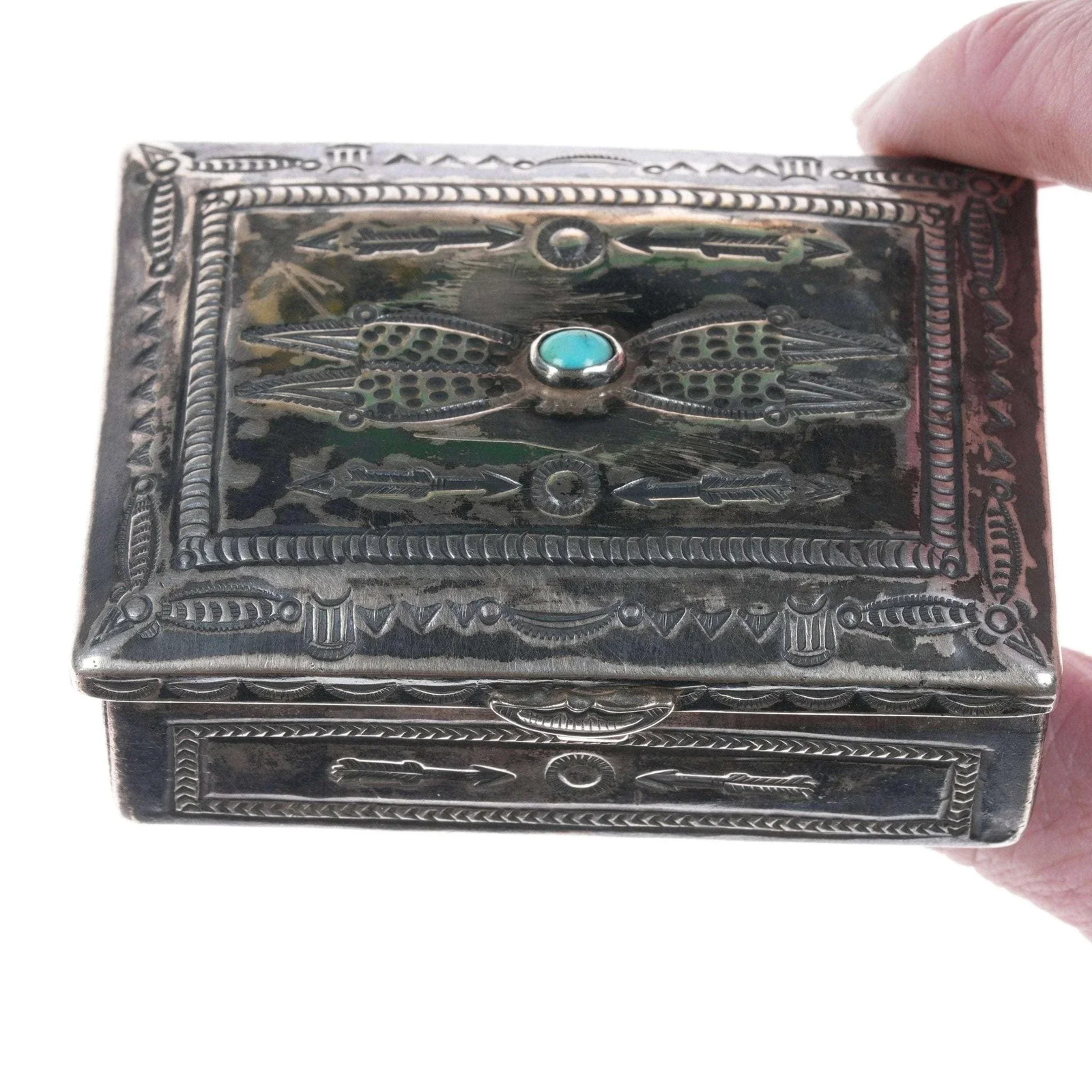 Morris Robinson (1900-1987) Hopi sterling silver box with turquoise Morris Robinson (1900-1987) Hopi sterling silver box with turquoise