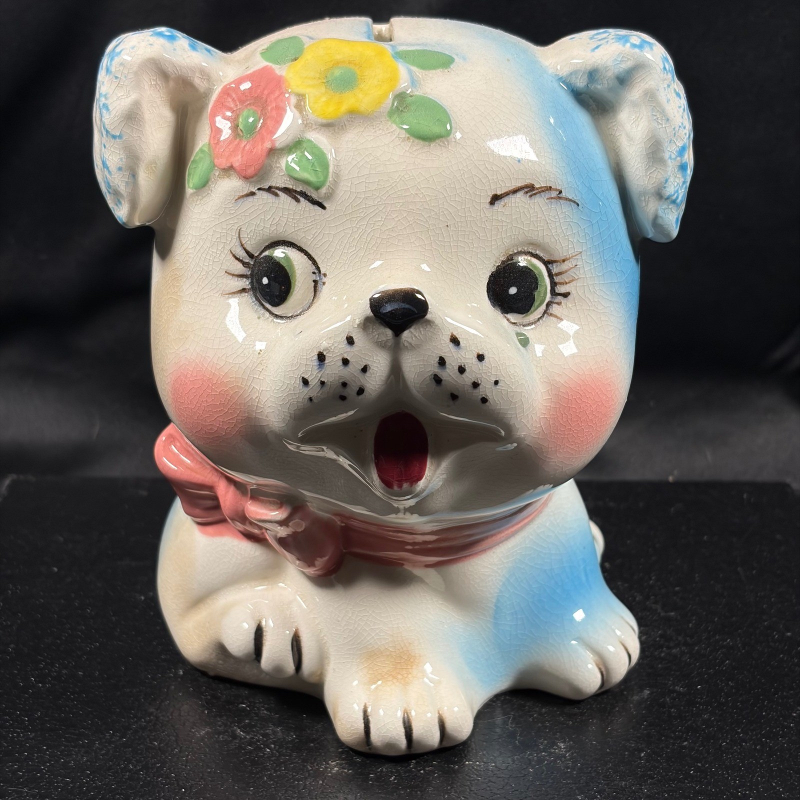 Vintage Ceramic Puppy Dog Piggy Bank Hand Painted Floral Mid Century Figurine Vintage Ceramic Puppy Dog Piggy Bank Hand Painted Floral Mid Century Figurine
