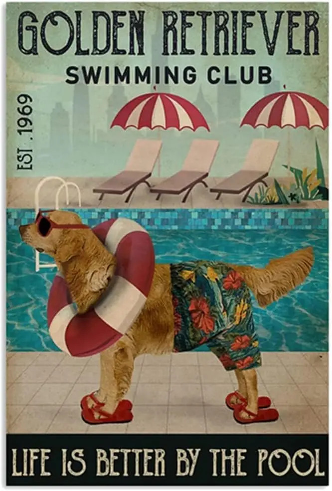 Swimming Club Golden Retriever Tin Metal Signs Home Décor 8x12 Swimming Club Golden Retriever Tin Metal Signs Home Décor 8x12
