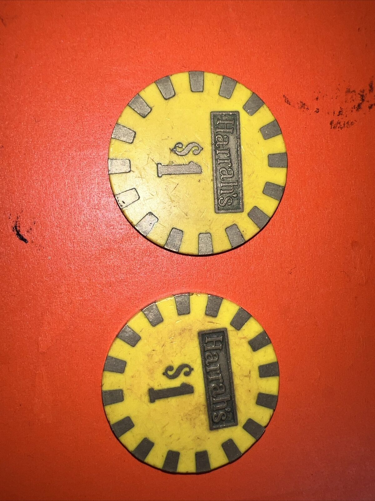 Vintage Harrah's Las Vegas $1 Yellow Poker Chips Lot Of 2