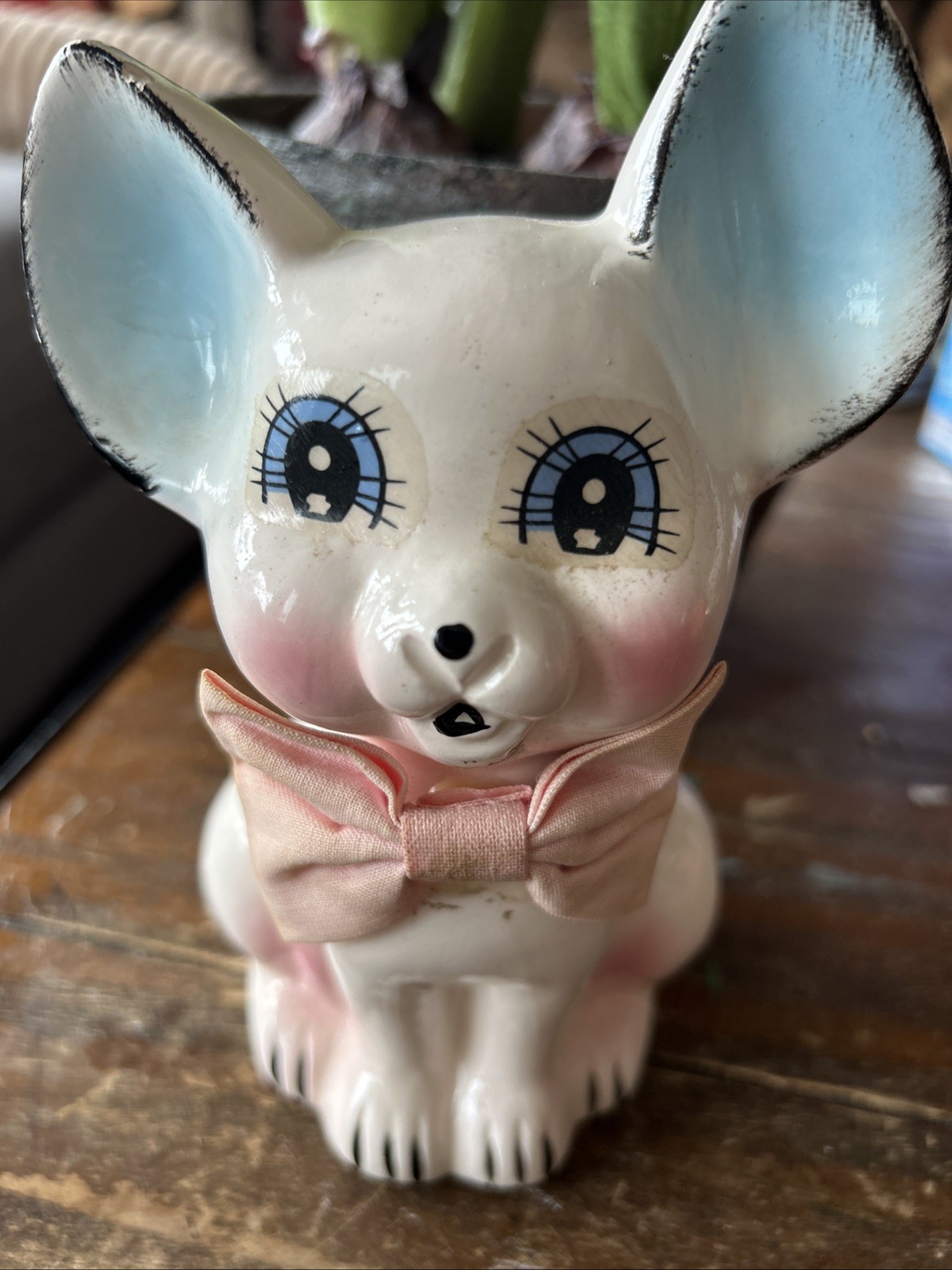 Vintage Japanese Ceramic 7" Tall Big Eye Kitty Cat with Bow Tie Coin Bank w Plug Vintage Japanese Ceramic 7" Tall Big Eye Kitty Cat with Bow Tie Coin Bank w Plug