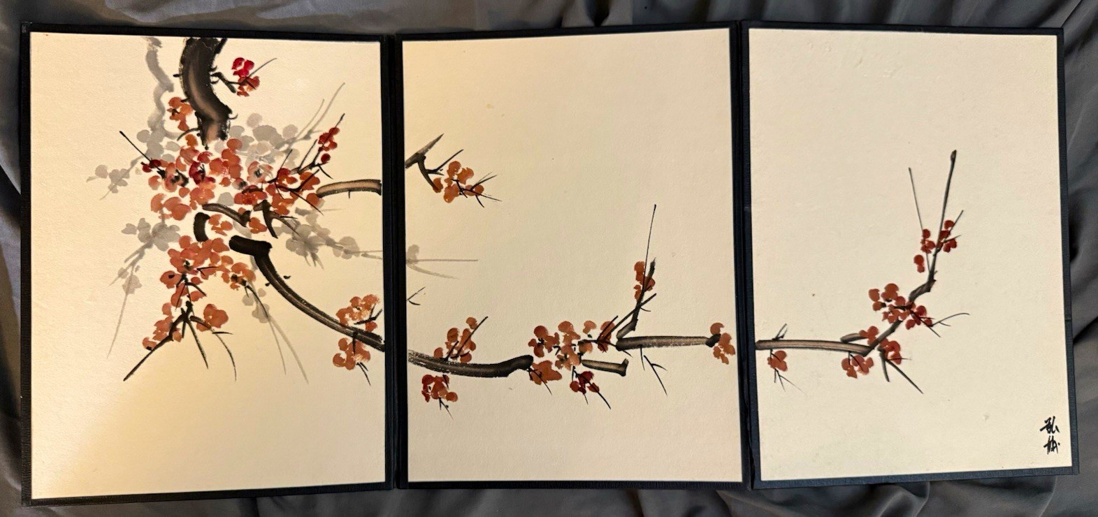 VTG Japanese Triptych Floral Art Panels Plum Blossom Branches w/ Signature VTG Japanese Triptych Floral Art Panels Plum Blossom Branches w/ Signature