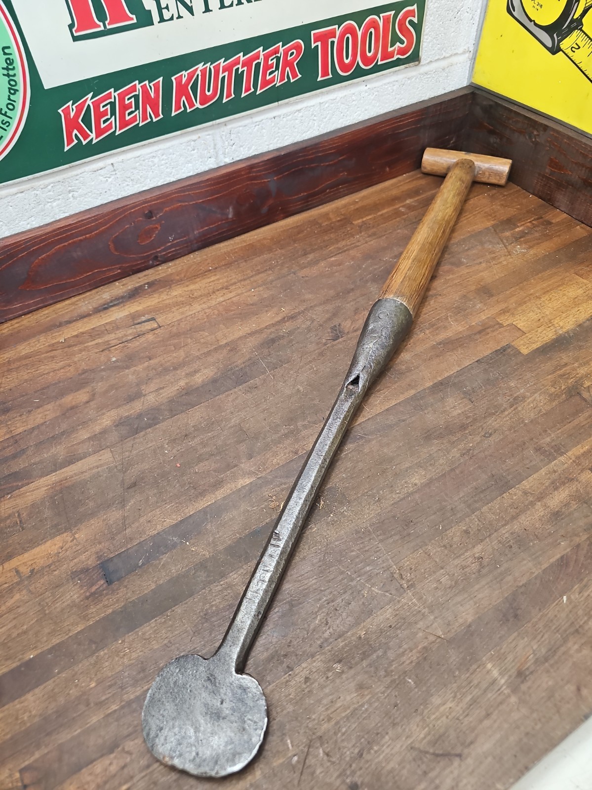 R49- Antique bark spud logging tool hand forged w/ wood t handle R49- Antique bark spud logging tool hand forged w/ wood t handle