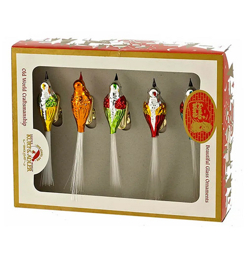 KURT ADLER BOX SET OF 5 EARLY YEARS 4.5" GLASS CLIP-ON BIRD XMAS ORNAMENTS C1929 KURT ADLER BOX SET OF 5 EARLY YEARS 4.5" GLASS CLIP-ON BIRD XMAS ORNAMENTS C1929