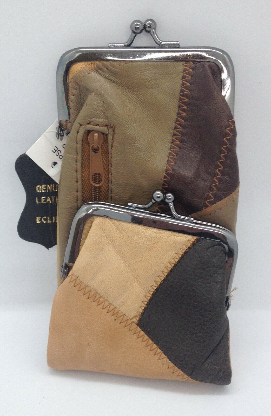 Brown Genuine Leather Cigarette Case Fits 120s. Snap & Zipper Pouch / Coin Purse