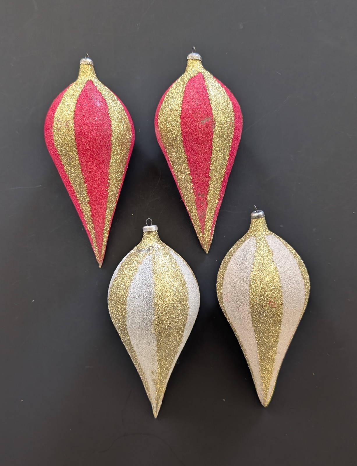 4 Vtg Glitter Teardrop Christmas Ornaments Pink Gold White 5" Made In Italy 4 Vtg Glitter Teardrop Christmas Ornaments Pink Gold White 5" Made In Italy