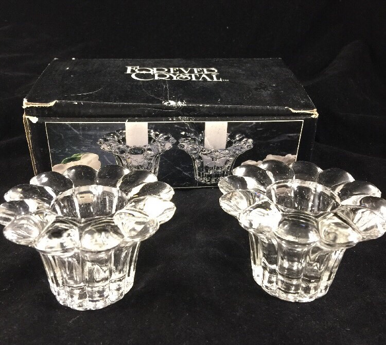 Forever Crystal Ribbed Glass Taper Candle Holder Pair Forever Crystal Ribbed Glass Taper Candle Holder Pair