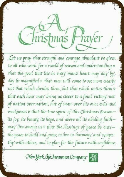 1971 New York Life Insurance Christmas Prayer DECORATIVE REPLICA METAL SIGN