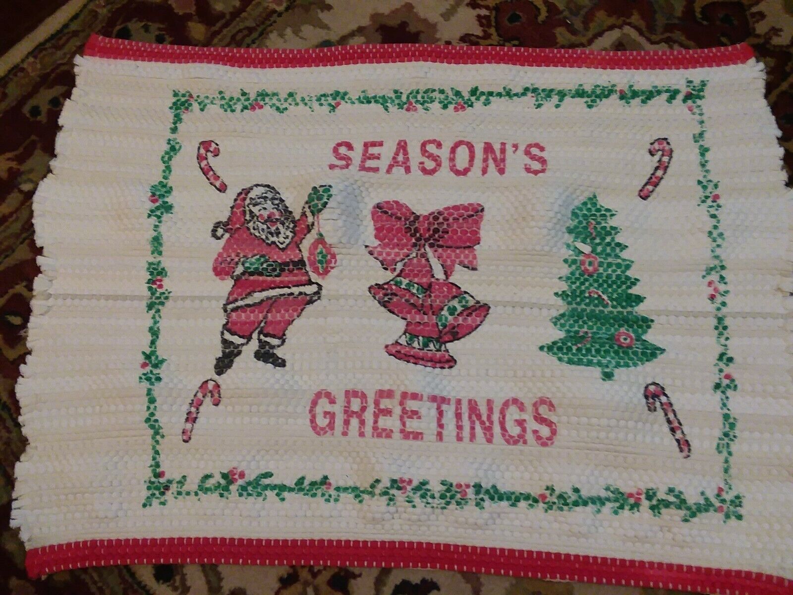 Vintage 60s Mid Century Christmas printed Woven Rag Rug Seasons Greetings Santa 