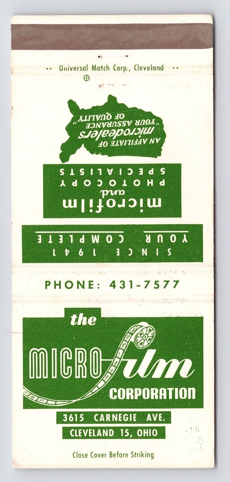 c1970s-80s~Cleveland Ohio OH~Microfilm Corporation~VTG Matchbook Cover