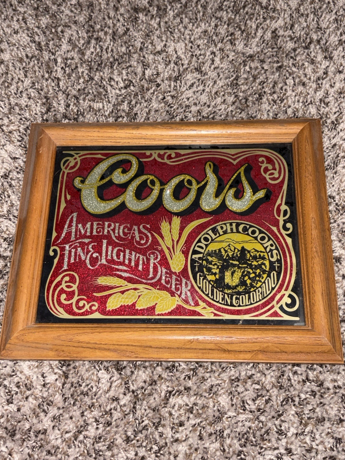 Vtg Coors Brewing Co Wood Framed Glass Foil Advertising Sign VTG 1970's 12x10 Vtg Coors Brewing Co Wood Framed Glass Foil Advertising Sign VTG 1970's 12x10