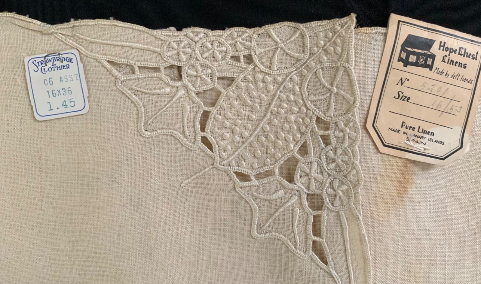 antique NOS pair linen runners w original labels, embroidery+cutwork 52 + 34"l antique NOS pair linen runners w original labels, embroidery+cutwork 52 + 34"l
