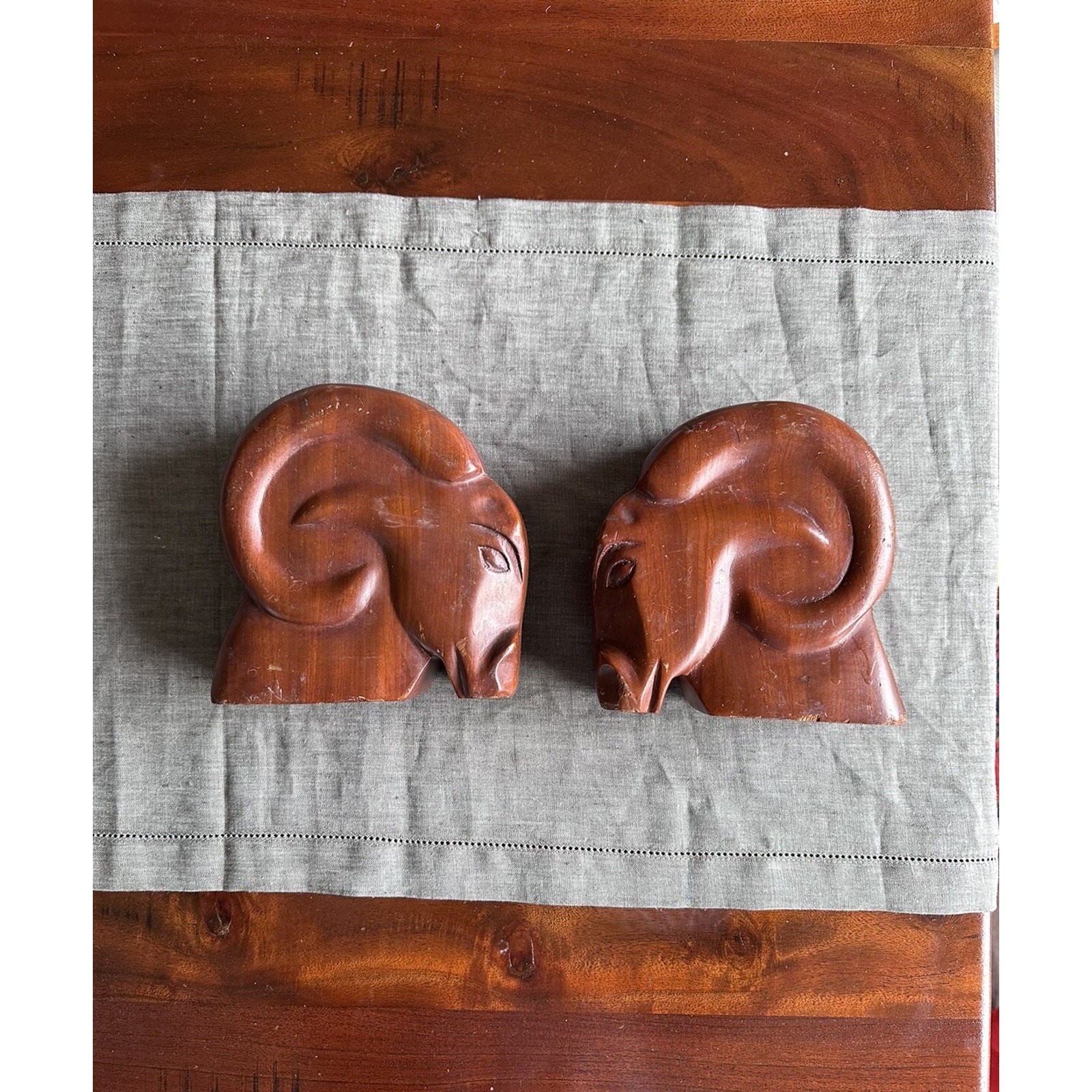 Vintage Ram Aries Mahogany Hand Carved Solid Wood 2Bookends Busts Mcm Decor Pair