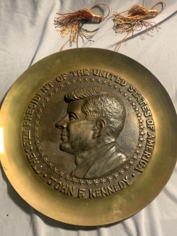 JFK Commemorative Plate Plaque Brass Rimmed Bronze John F. Kennedy With 1959 BOP