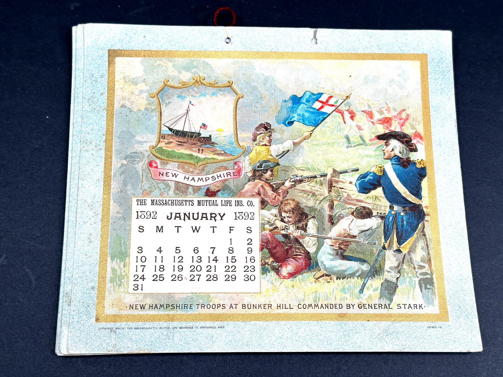 1892 MAssachusetts Mutual Life Calendar STATES NICE revolutionary civil war