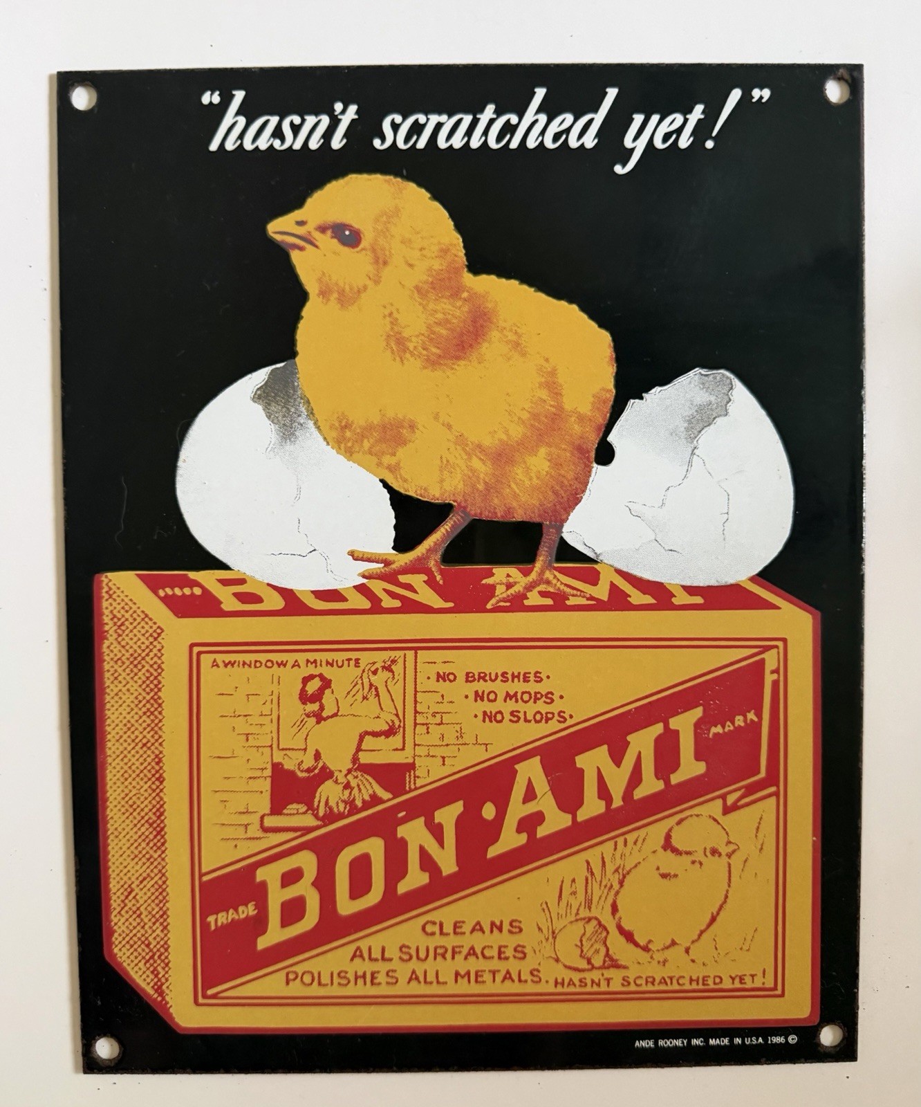 Vintage Bon Ami “Hasn’t Scratched Yet” Enameled Porcelain Sign 1986 Advertising