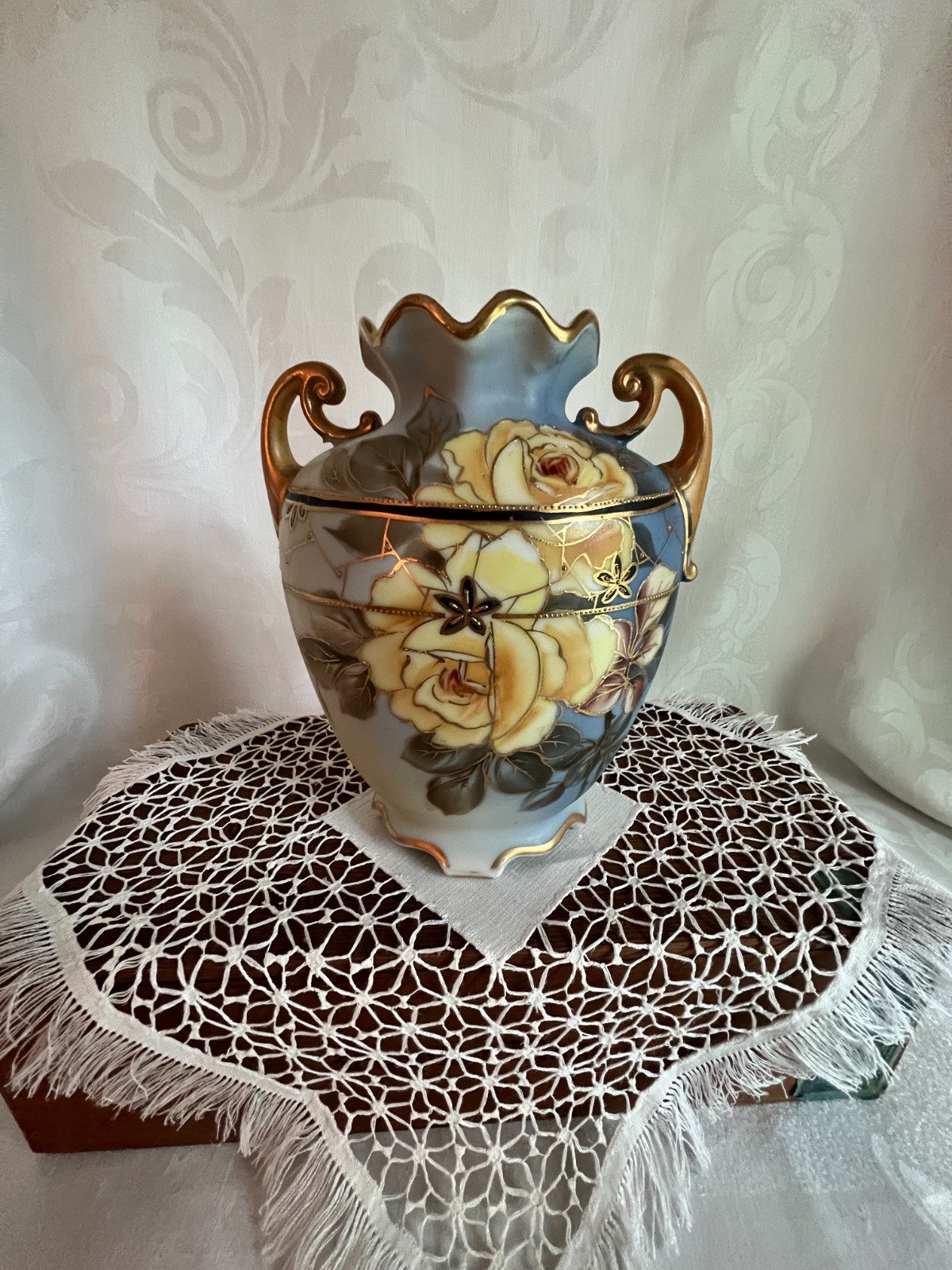 Antique Nippon Hand Painted Yellow Roses Moriage Gold Handle Vase 1911-1921 Antique Nippon Hand Painted Yellow Roses Moriage Gold Handle Vase 1911-1921