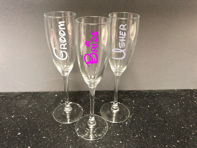 Wedding Flute Glass With Disney Font Prosecco Champagne Wine Bride Groom Etc