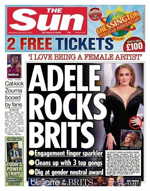 The Sun newspaper February 9th 2022 ADELE rocks brits ADELE