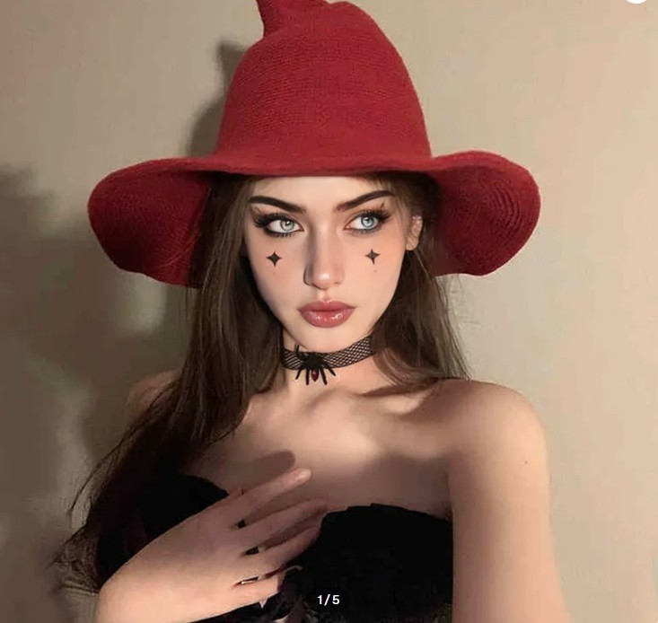Adorable Modern Witch Hat In Red Knitted Witch Hat Pointed Wizard Cap Halloween