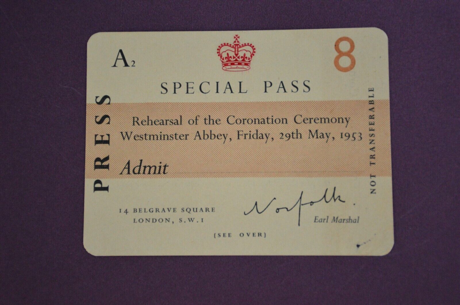 Queen Elizabeth II Official Press Pass for Rehearsal of Coronation 1953