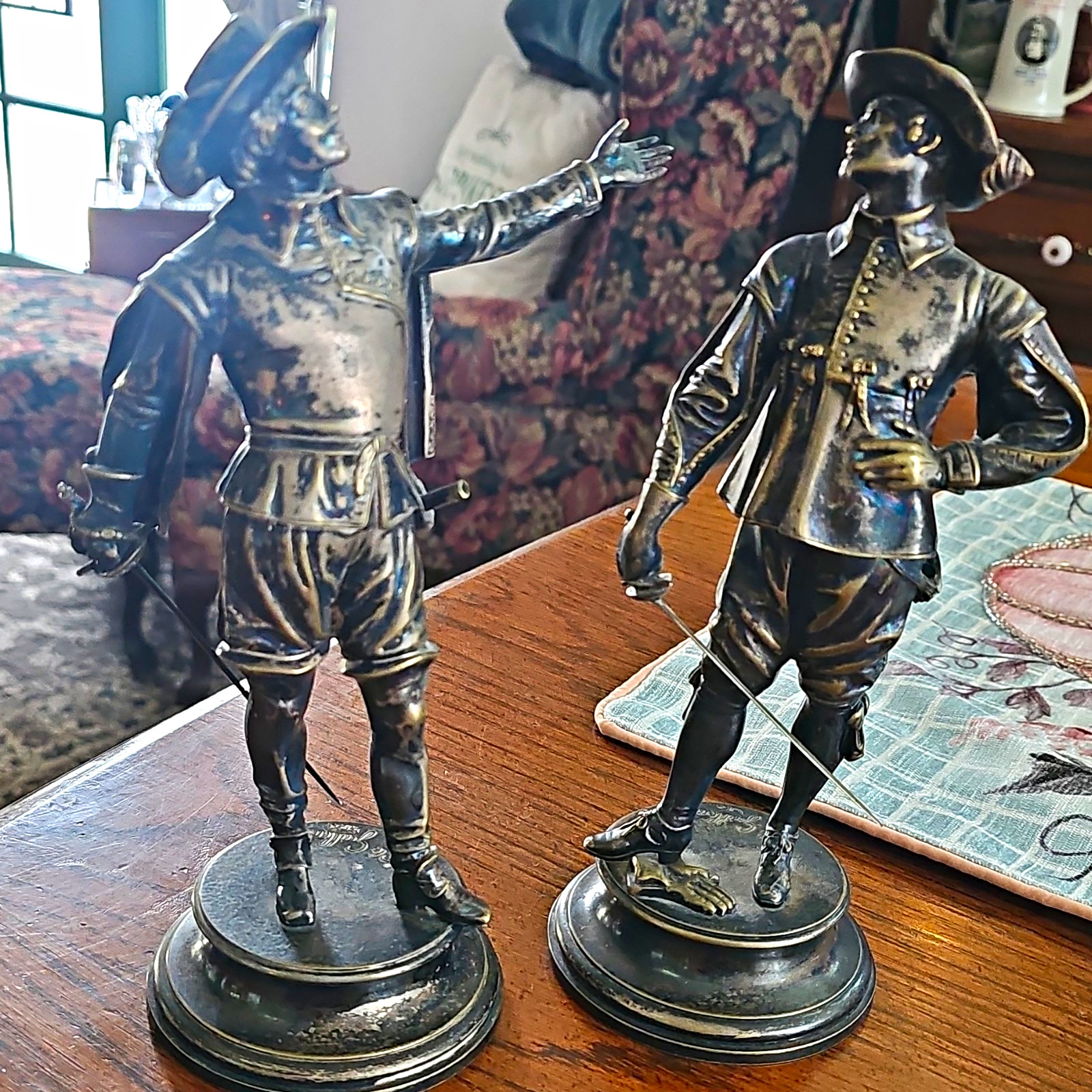 E. Guillemin Richelieu Signed Metal Figurines Pair, Antique Finish 1900-1919 E. Guillemin Richelieu Signed Metal Figurines Pair, Antique Finish 1900-1919