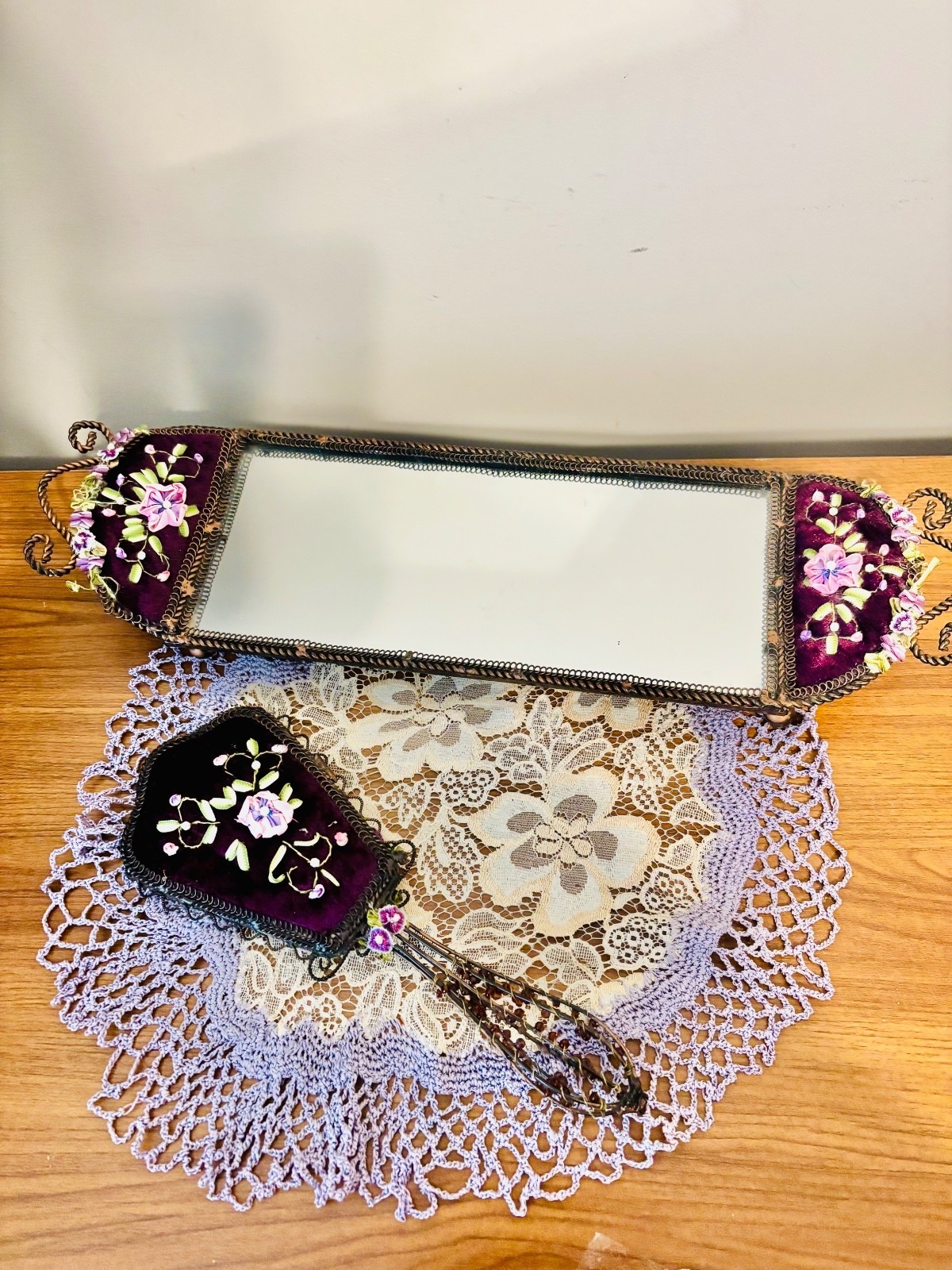 Vintage Elegant Embroidered Victorian Purple Velvet Tray & Mirror with Doily