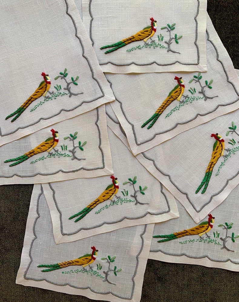 Vintage Cocktail Napkins Madeira Embroidered Pheasants Game Birds Set of 8