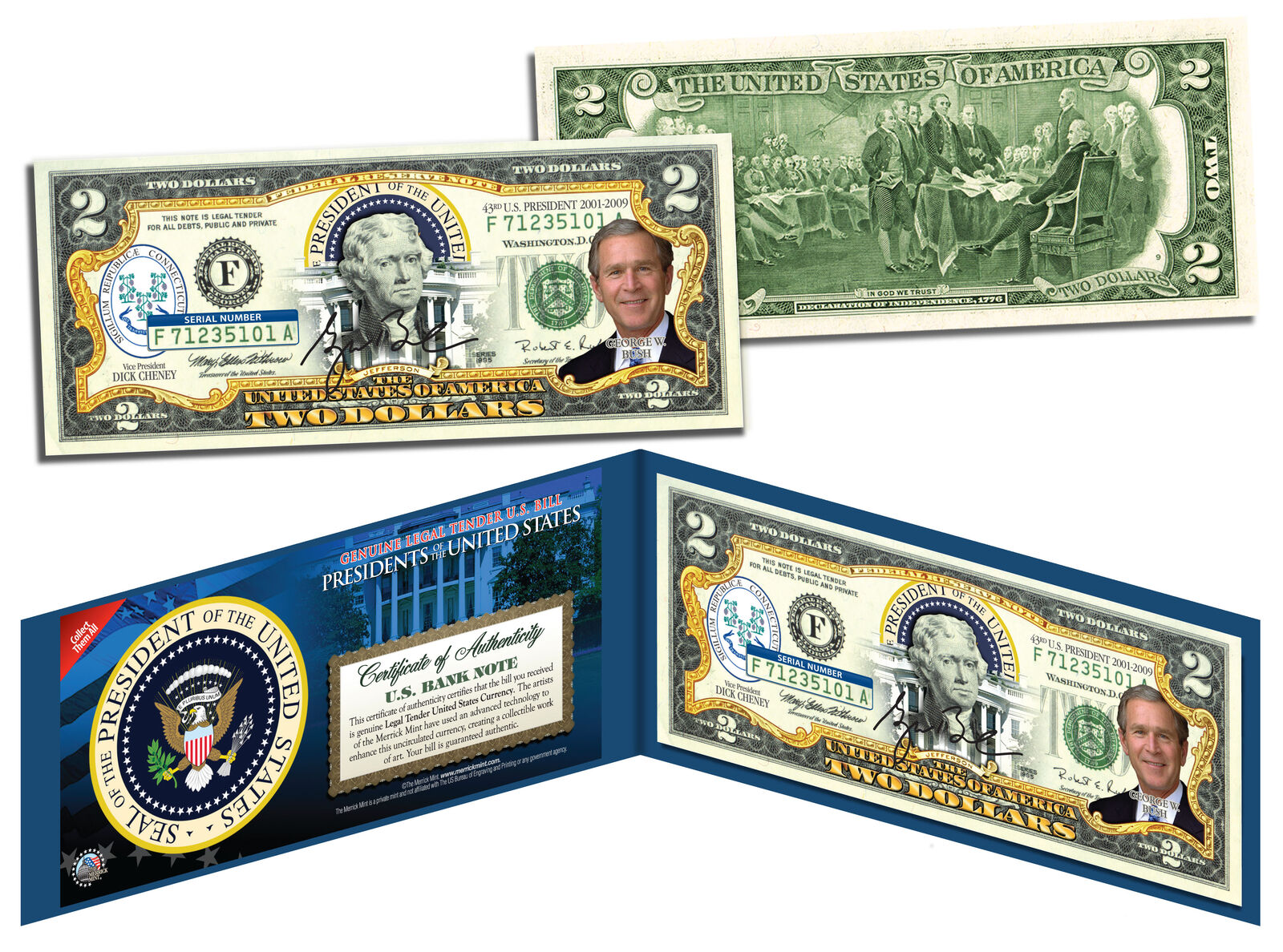 GEORGE W BUSH * 43rd U.S. President * Colorized $2 Bill US Genuine Legal Tender