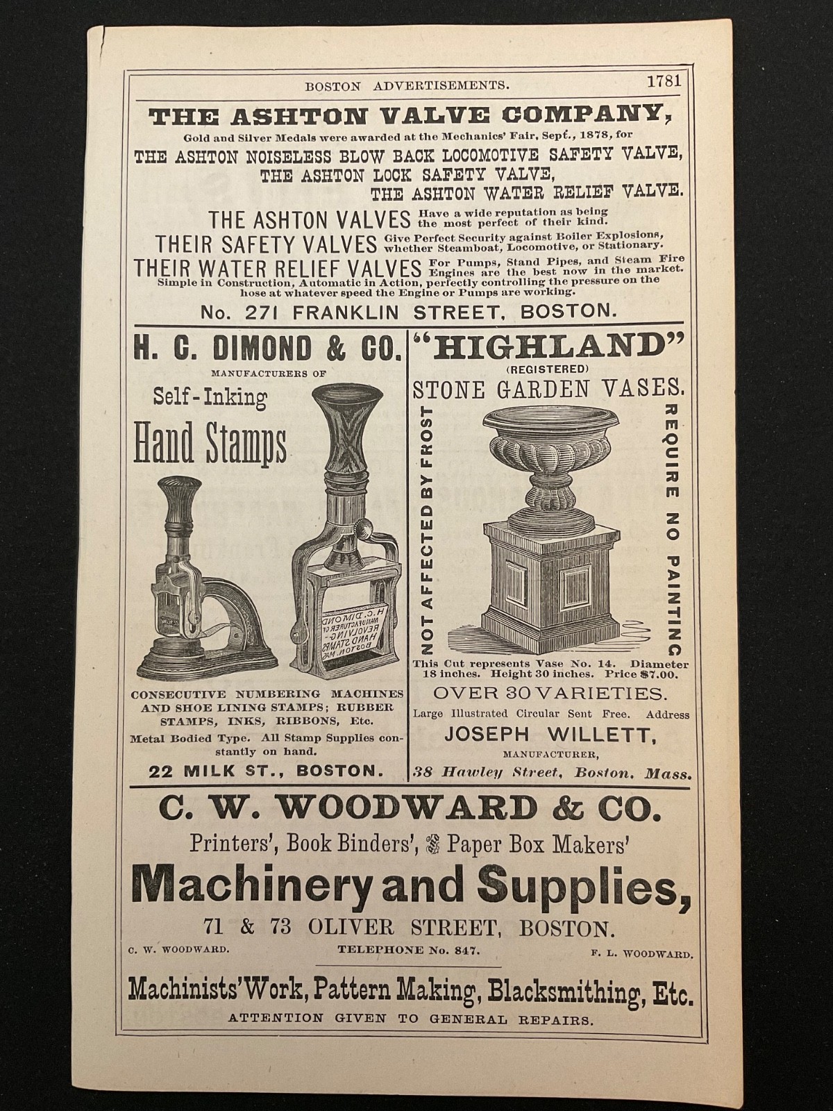1883 Antique Ad Page Dimond Hand Stamps, Willett Vases, Trundy Tents & Flags MA