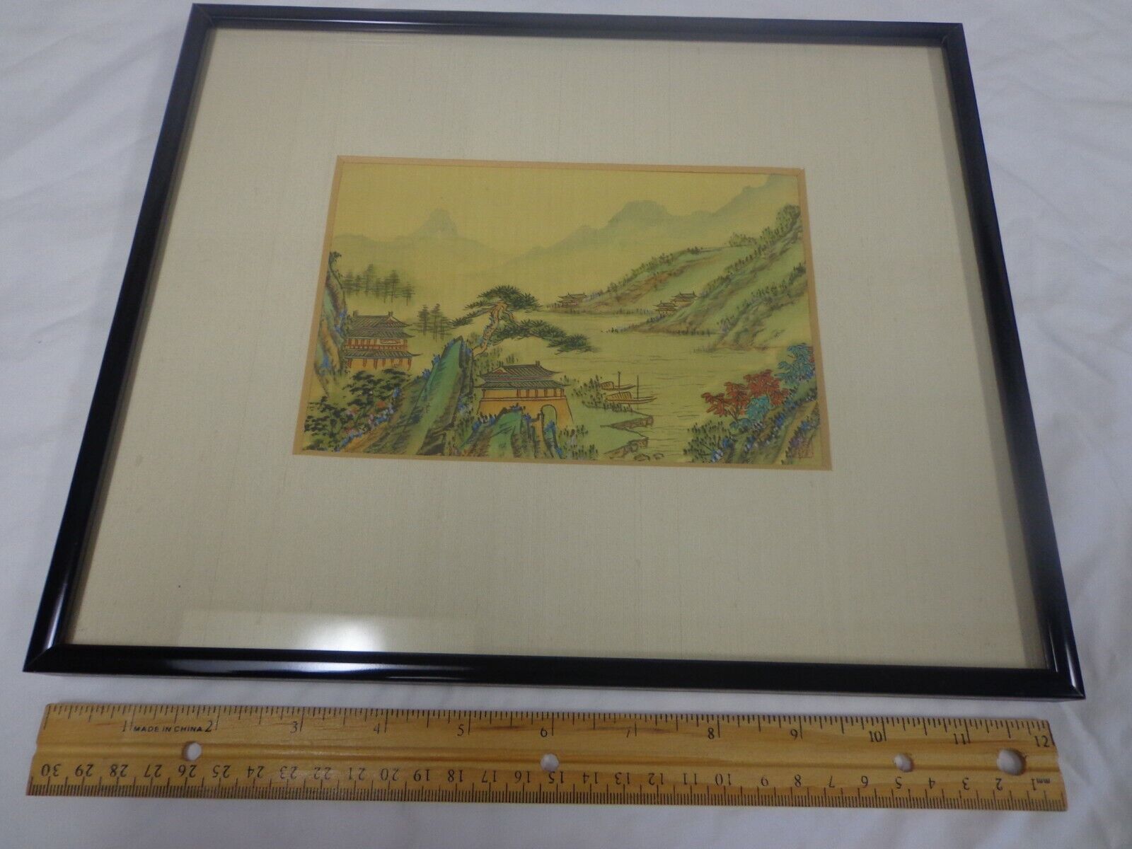 Asian Art on Silk - Valley Scene - Professionally Matted and Framed 