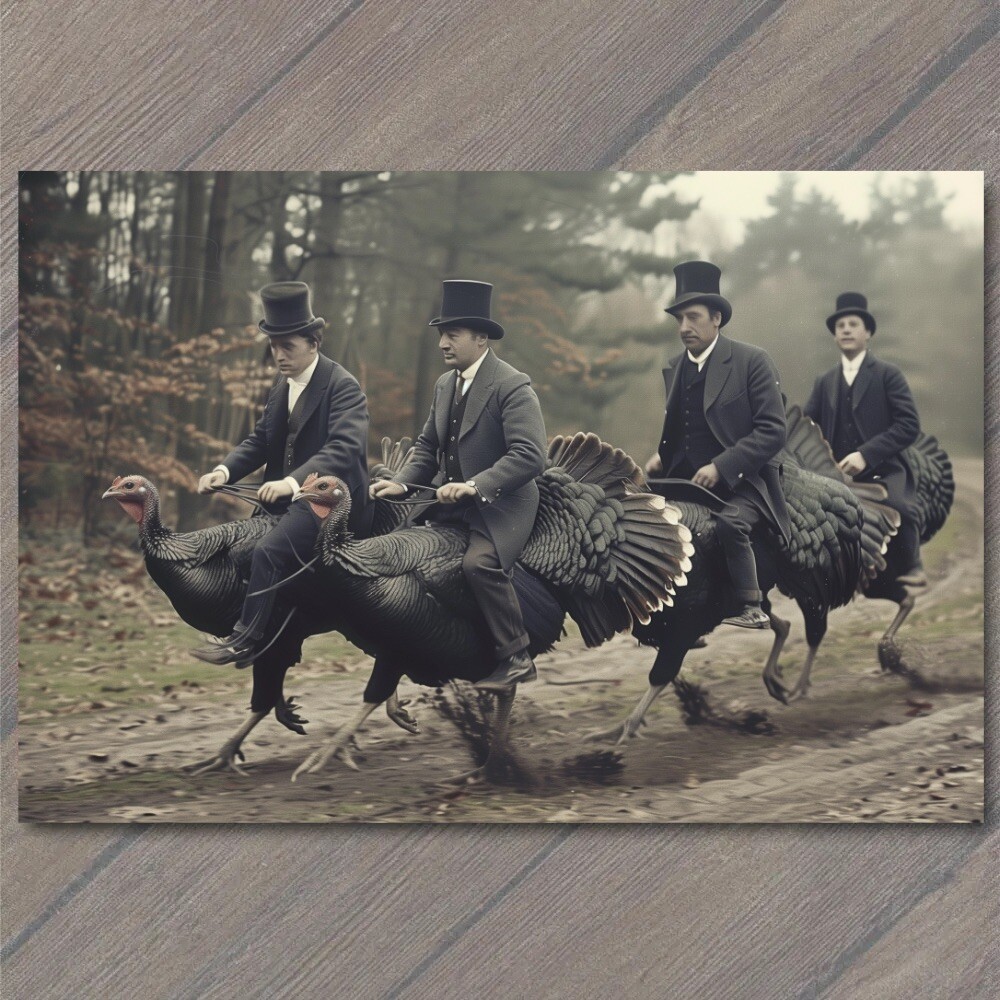 POSTCARD Turkey Riding Men Top Hat Old School Vibe Weird Strange Funny Race POSTCARD Turkey Riding Men Top Hat Old School Vibe Weird Strange Funny Race