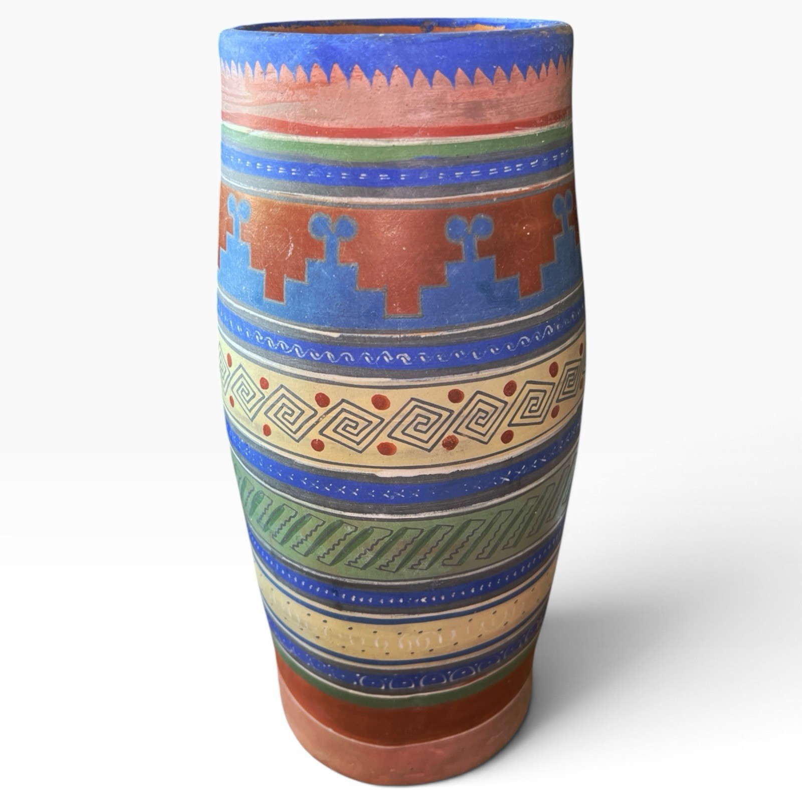 Vintage 11.5” Tall Tlaquepaque Mexican Pottery Vase Opaque Polychrome Stripes Vintage 11.5” Tall Tlaquepaque Mexican Pottery Vase Opaque Polychrome Stripes