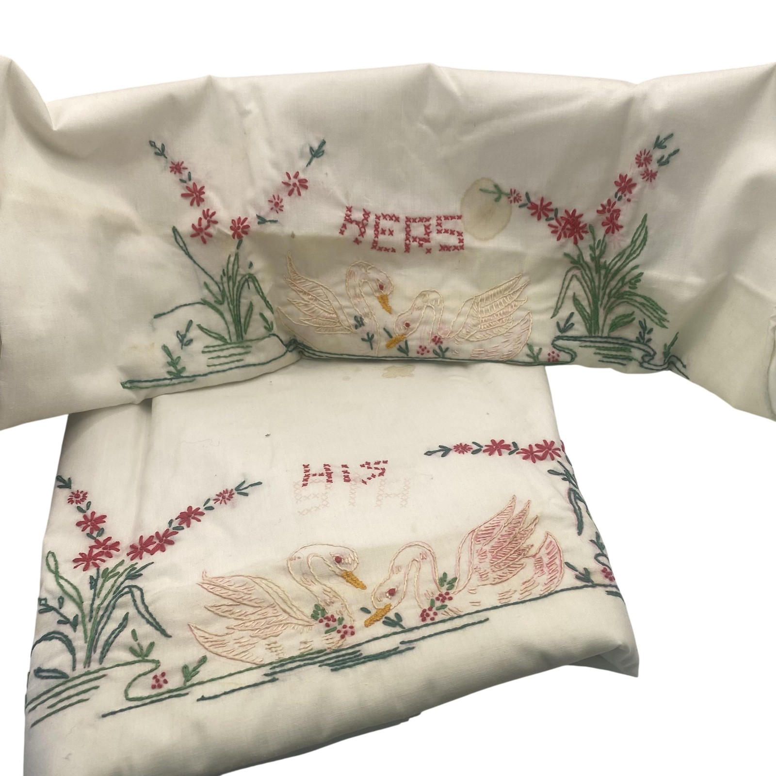Vintage His Hers Swan Embroidered White Cotton Pillowcases Standard Size Vintage His Hers Swan Embroidered White Cotton Pillowcases Standard Size