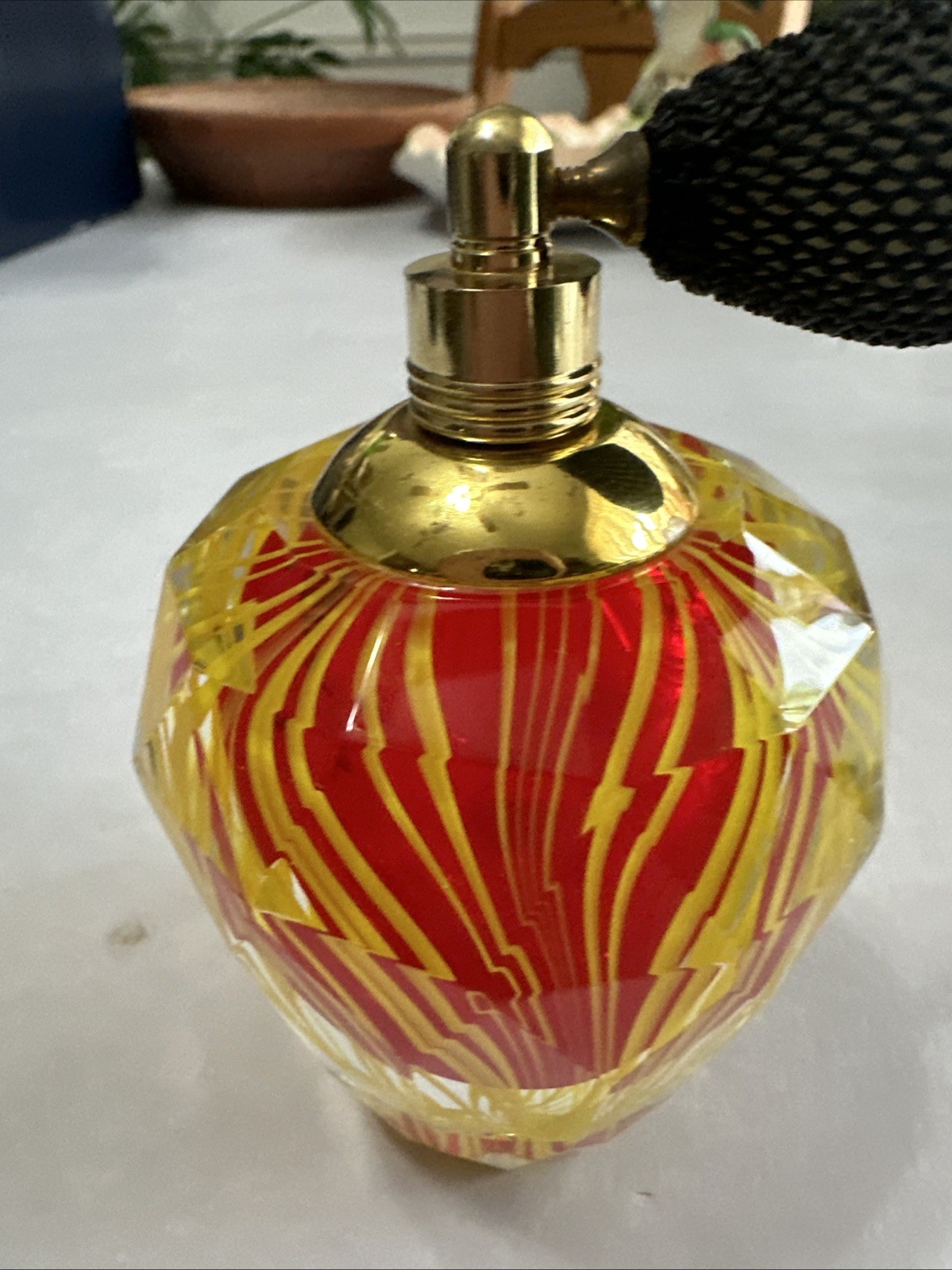 Pristine Vintage Murano Glass Perfume Atomizer Red And Yellow Streaked Pristine Vintage Murano Glass Perfume Atomizer Red And Yellow Streaked