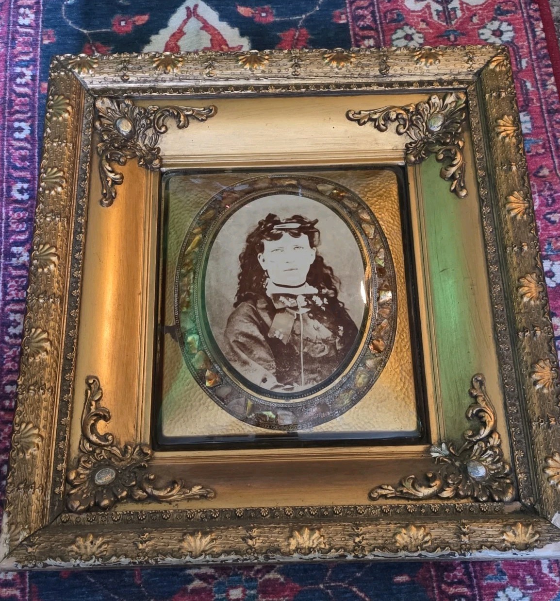 Antique Victorian Shadowbox Framed Albumen Portrait Mother of Pearl Inlay 20x18 Antique Victorian Shadowbox Framed Albumen Portrait Mother of Pearl Inlay 20x18