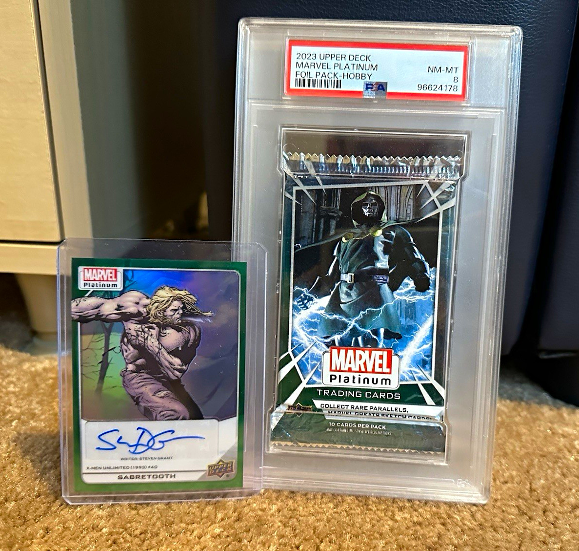 2023 UD Marvel Platinum Sabretooth #189 Grant Auto 1/5 + PSA 8 pack Doom Art 2023 UD Marvel Platinum Sabretooth #189 Grant Auto 1/5 + PSA 8 pack Doom Art