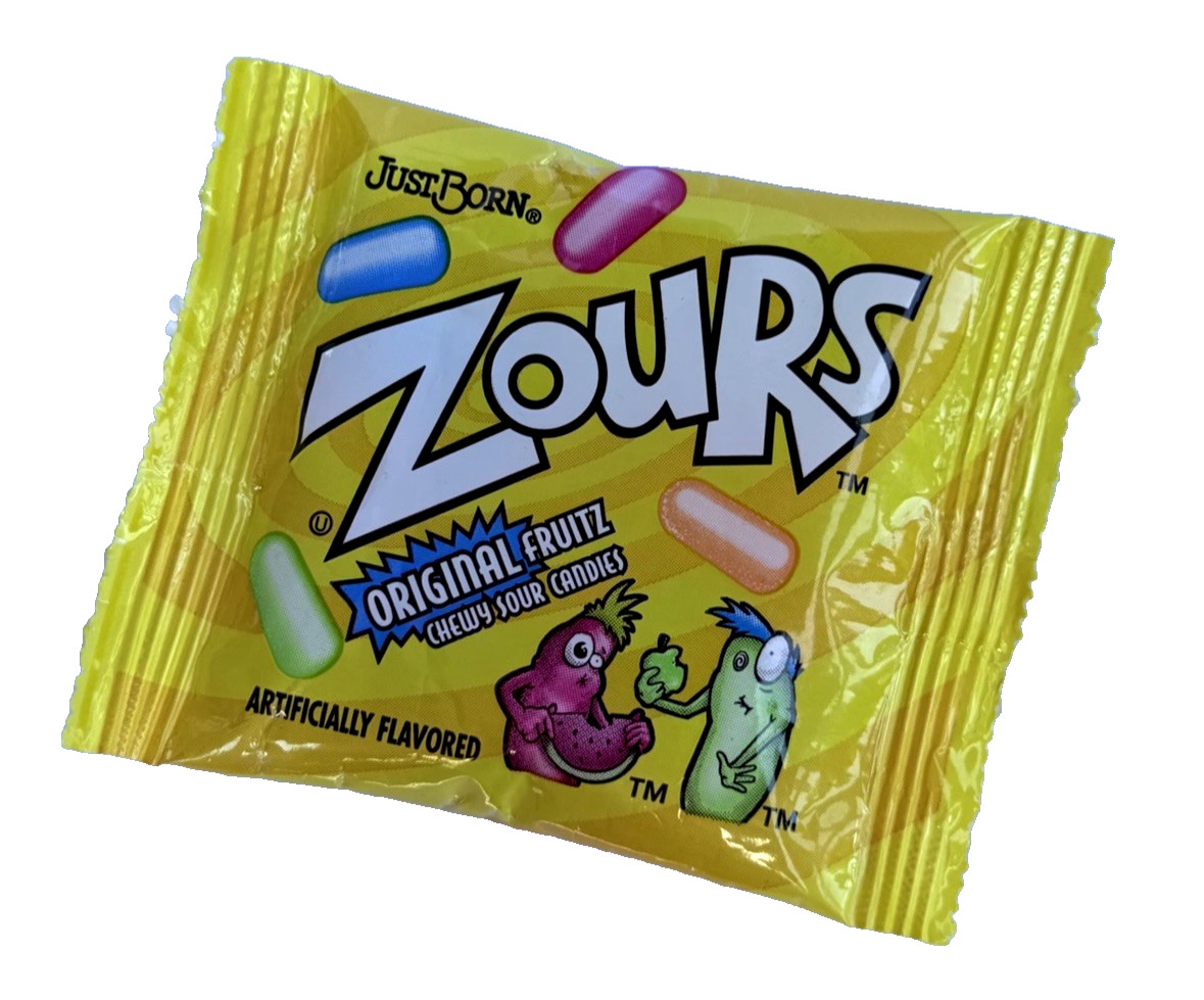Vintage JUST BORN ZOURS Original Fruitz Chewy Sour Candy PACKAGE - Unopened NOS Vintage JUST BORN ZOURS Original Fruitz Chewy Sour Candy PACKAGE - Unopened NOS
