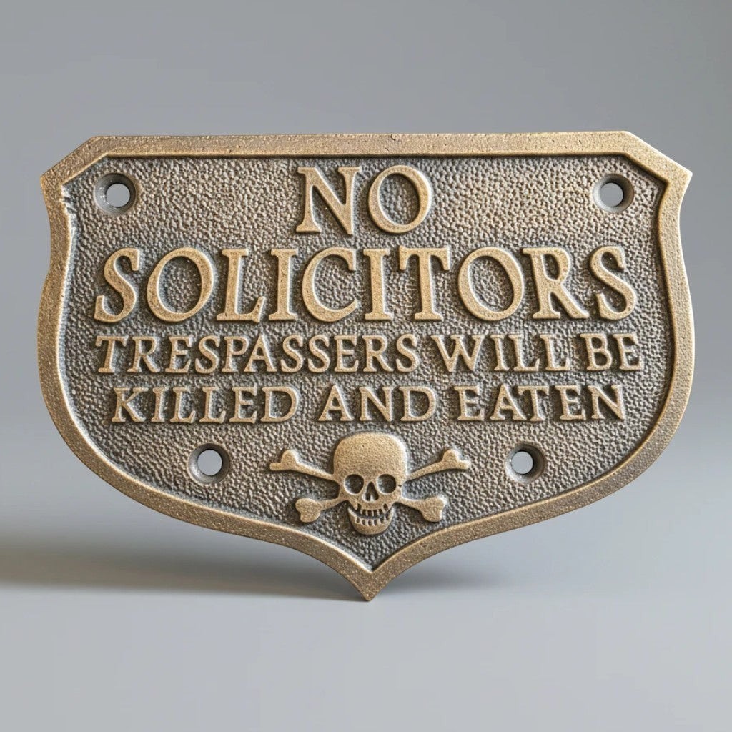 Pirate Skull No Solicitors Solid Brass Embossed Plaque Pirate Skull No Solicitors Solid Brass Embossed Plaque