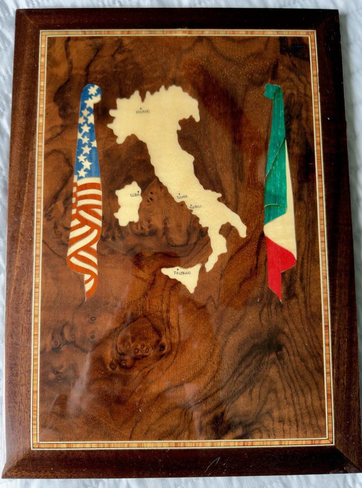 Vintage Italian Marquetry Wood Plaque Inlay Italy Map USA Flags NEX Naples Navy