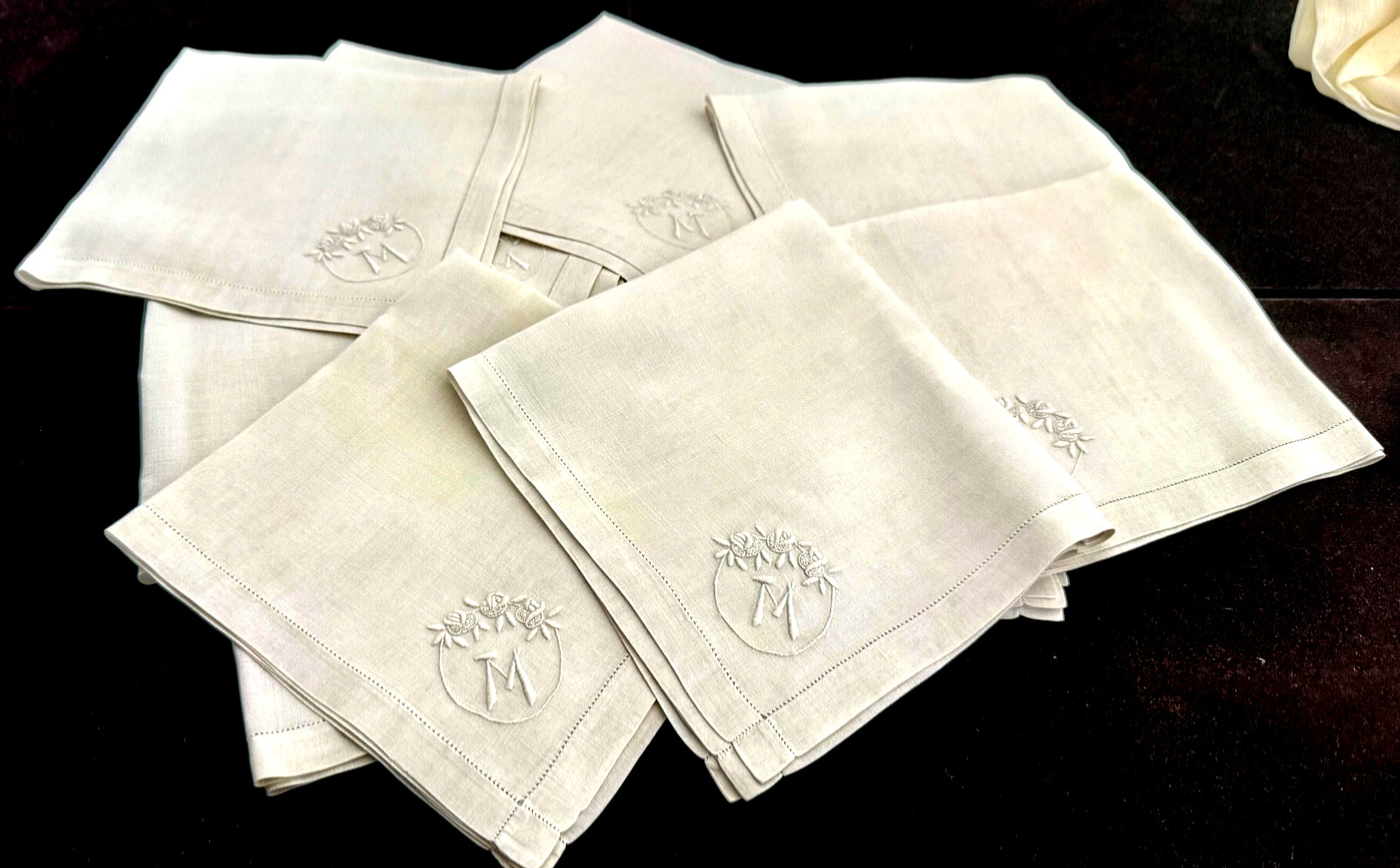 Vintage Estate Linens: White on White Linen Napkins w/ “M” Monogram B364 Vintage Estate Linens: White on White Linen Napkins w/ “M” Monogram B364