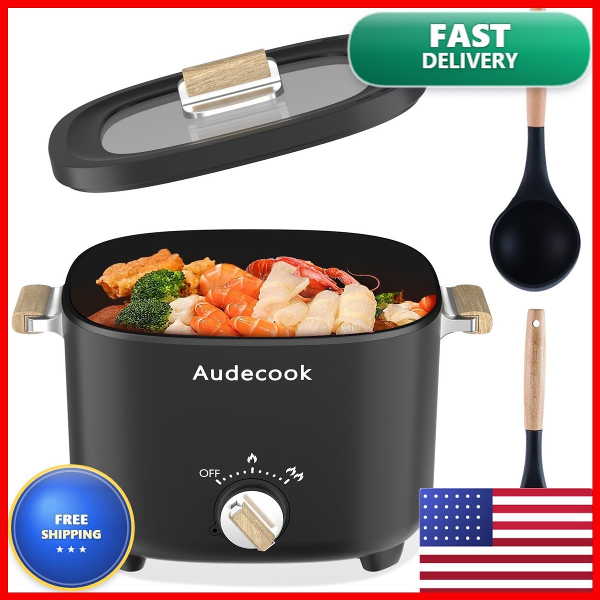 Audecook AHP-2.5L 2.5L Portable Nonstick Hot Pot Multicooker 1-3 Persons Black