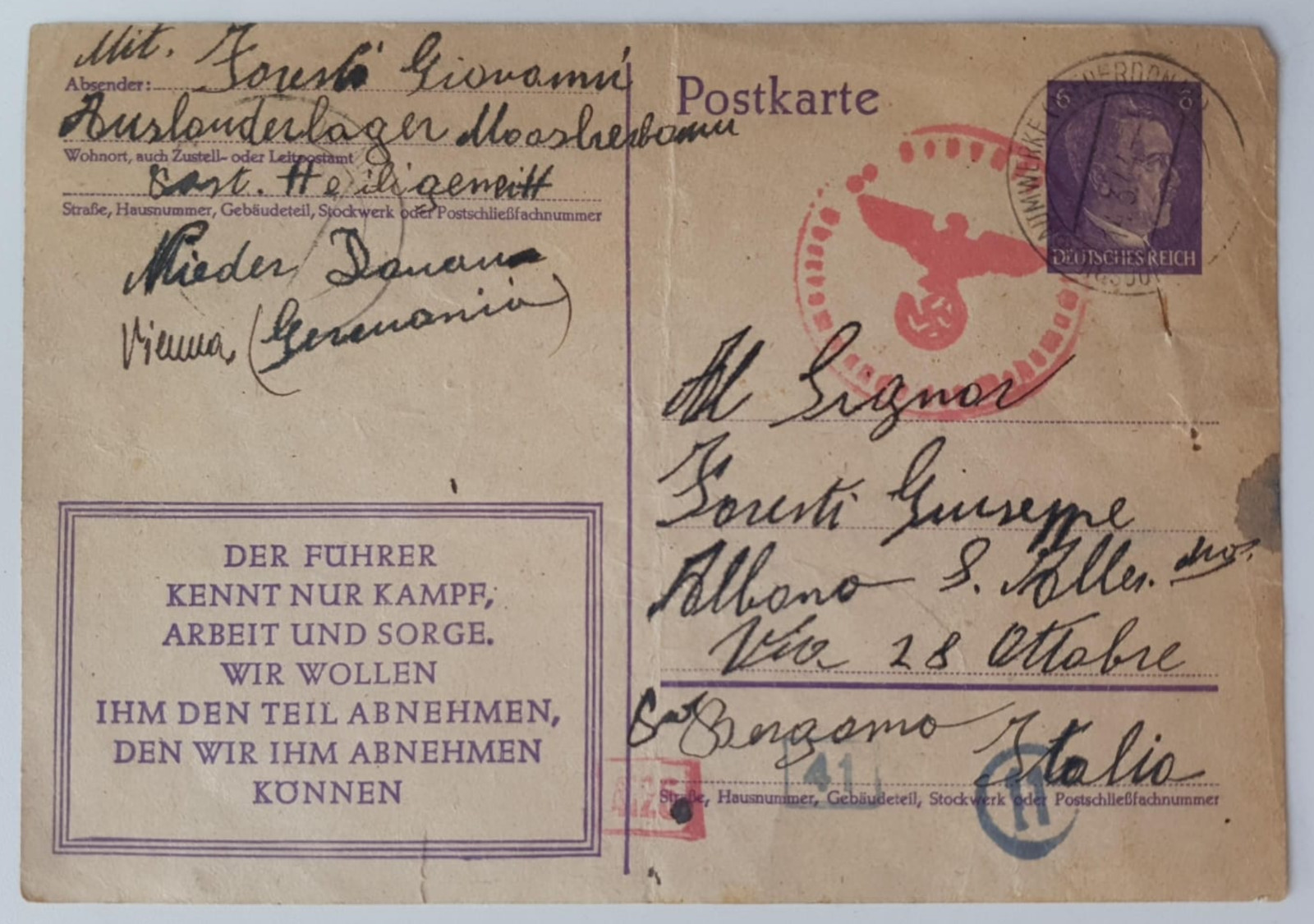 WWII 1944 Moosbierbaum Labor Camp Postcard Third Reich Censor Austria Mail
