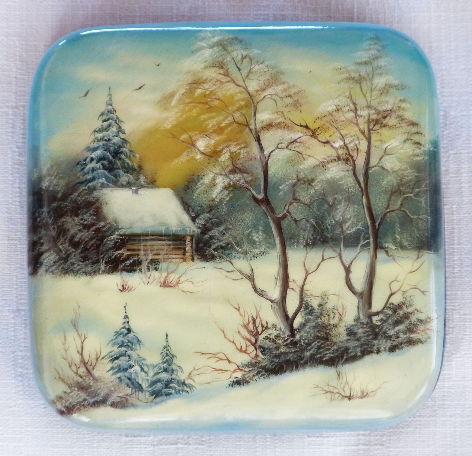 Vintage Hand-painted Russian Fedoskino lacquer box, “Winter” signed