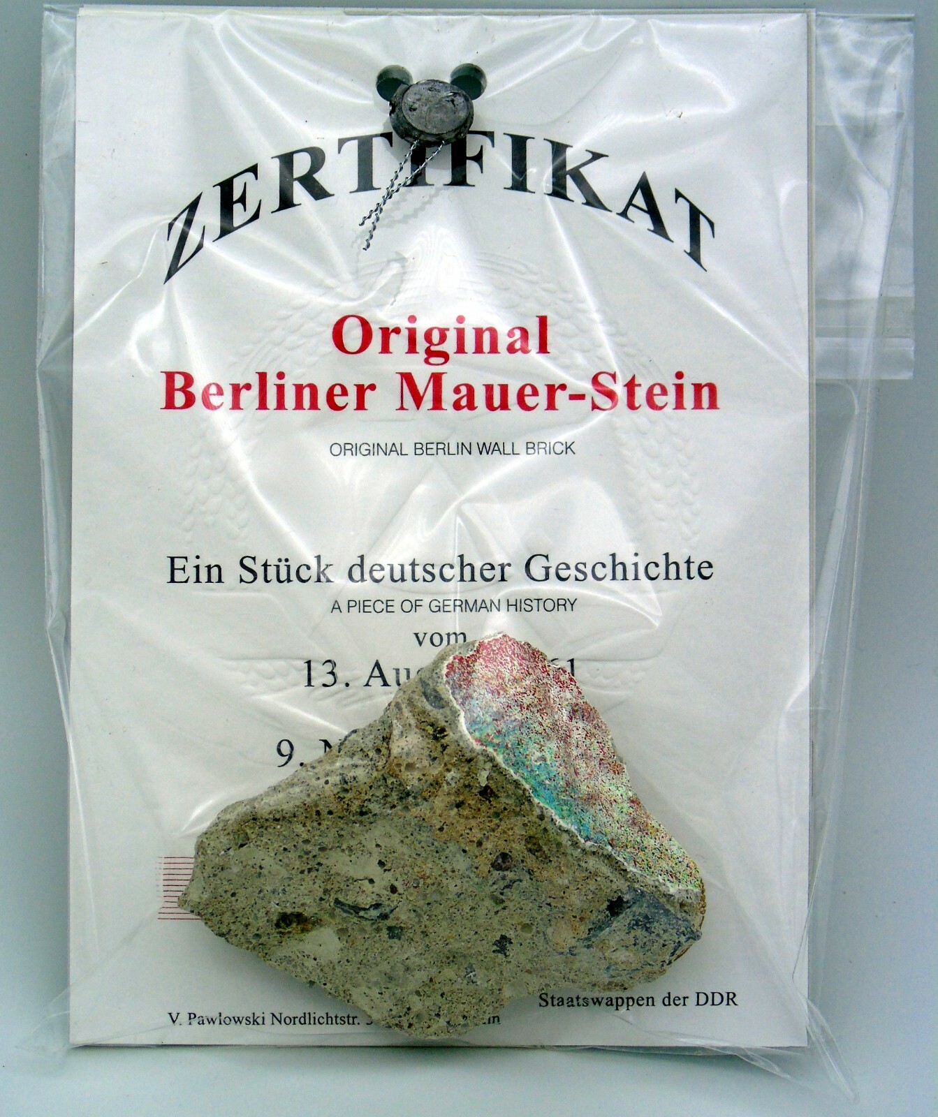 Large Authentic Piece of the BERLIN WALL with Certificate of Authenticity Large Authentic Piece of the BERLIN WALL with Certificate of Authenticity