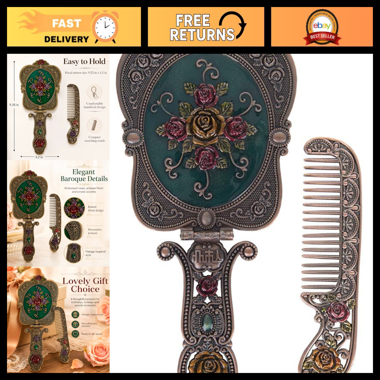 Vintage Hand Mirror & Comb Set - Antique Makeup Vanity Accessories, Copper Finis Vintage Hand Mirror & Comb Set - Antique Makeup Vanity Accessories, Copper Finis
