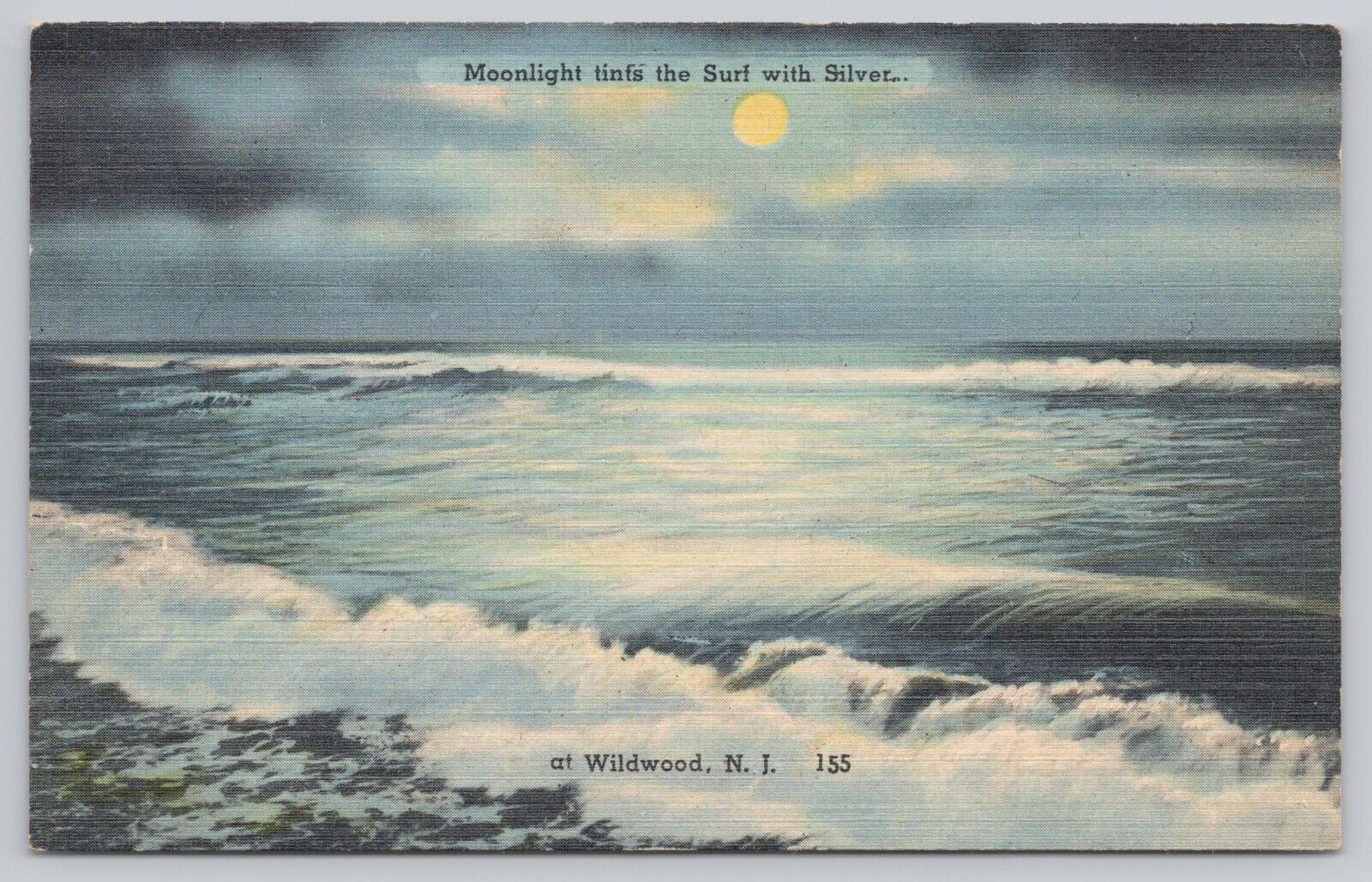Moonlight Tints The Surf With Silver Wildwood NJ New Jersey Linen Postcard