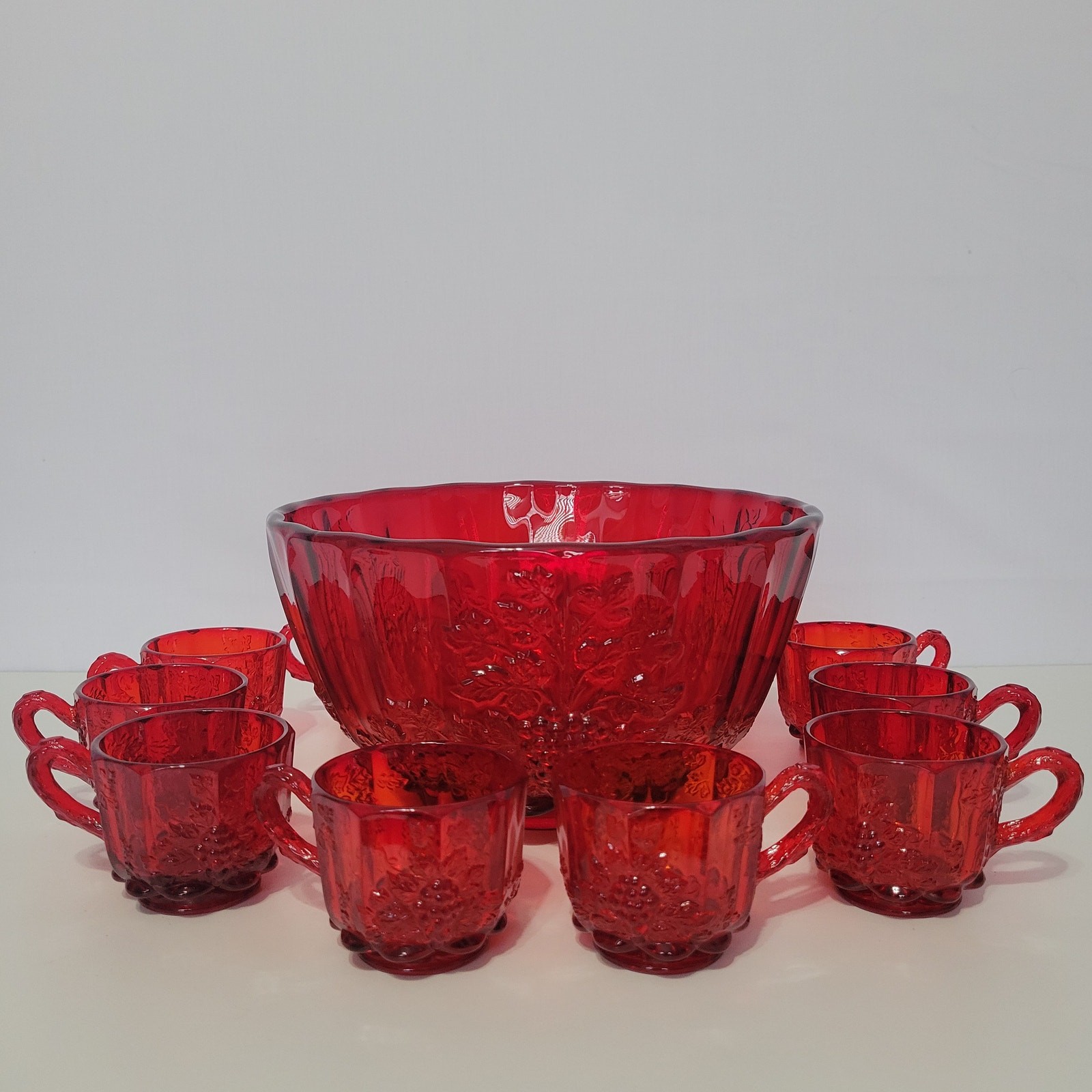 Vintage L.G. Wright Glass Ruby Red Paneled Grape Punch Bowl and 11 Cups Vintage L.G. Wright Glass Ruby Red Paneled Grape Punch Bowl and 11 Cups