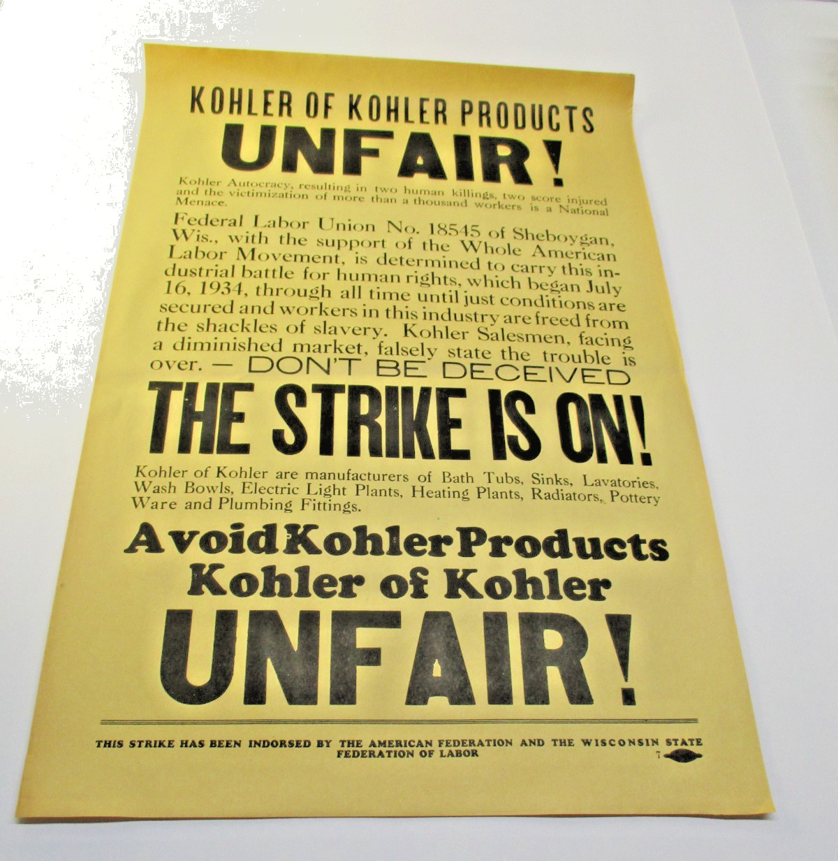 Vintage Strike Sign Poster. Kohler Co. 1934 Very Rare