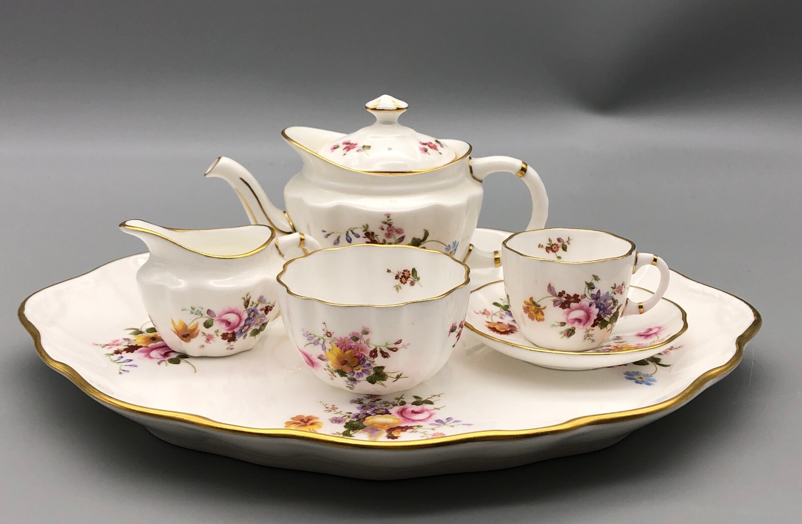 Vintage Royal Crown Derby Bone China Posies Miniature Tea Set on Tray 6 pcs Vintage Royal Crown Derby Bone China Posies Miniature Tea Set on Tray 6 pcs